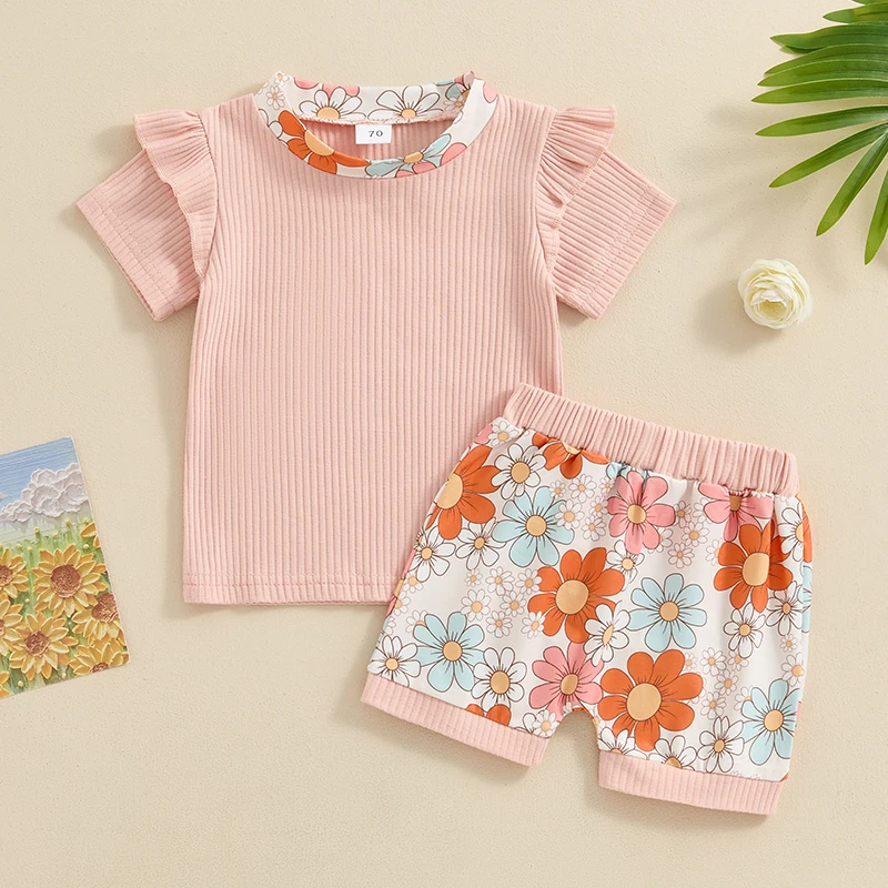 

Girls Summer 2PCS Shorts Sets Pink Short Sleeve Crewneck Ruffle Tops Floral Shorts Sets