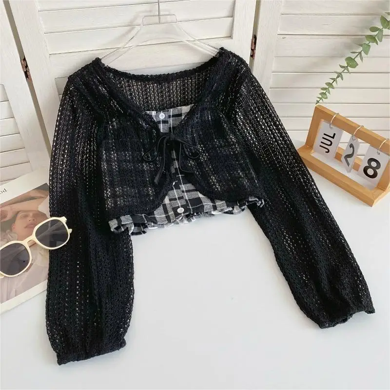 Bomon retro simple halter vest 2024 pre-fall long sleeve hollow-out lace-up short cardigan shirt women's two-piece suit