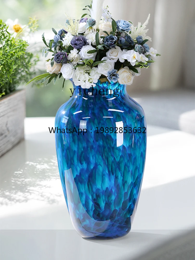 EE vase ornament living room enamel glass art blue flower arrangement ceramic high-end