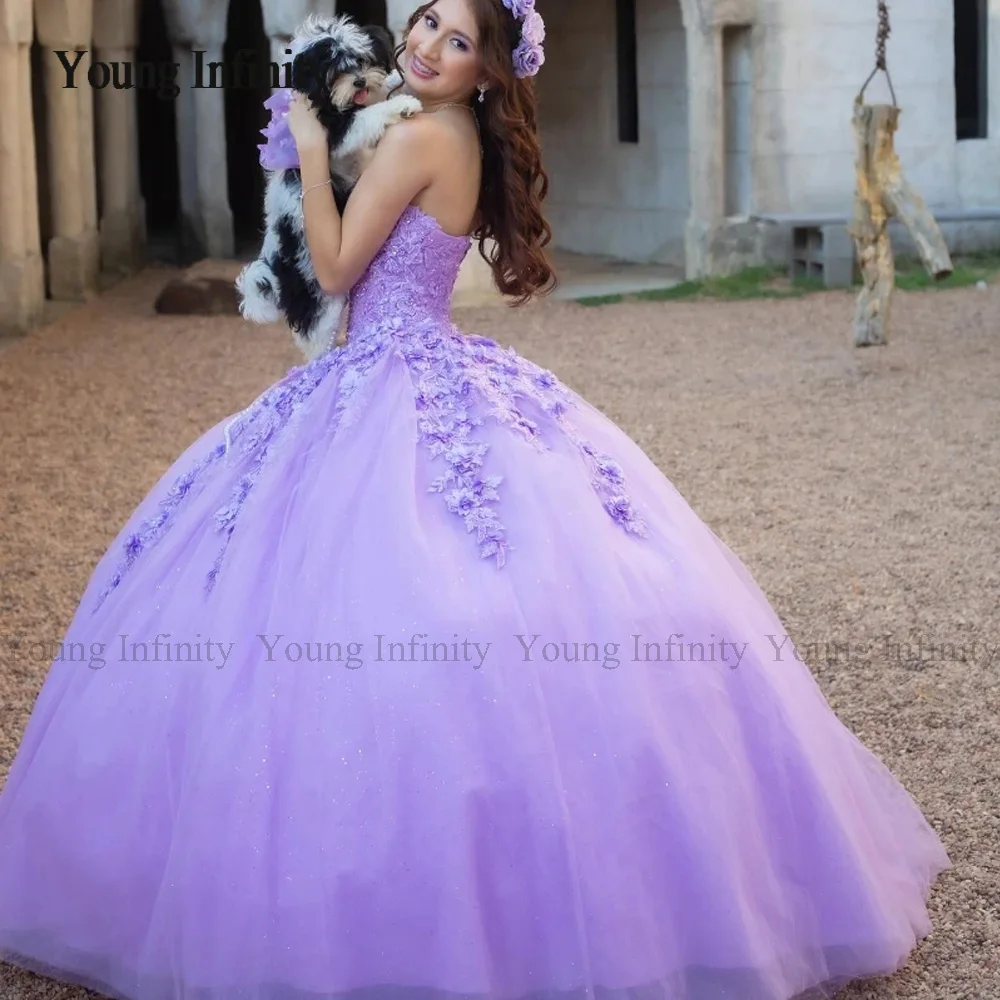 Young Infinity Lavender Shiny Quinceanera Dress Ball Gown Off Shoulder Corset Crystal Beading Applique Lace Vestidos De 15 Años