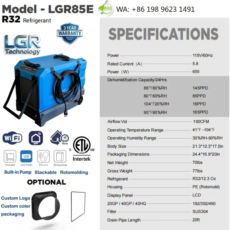 120 Pints R32 Energy Saving LGR Commercial Dehumidifier Industrial Moisture Remover  for Commercial Venue Water Restoration