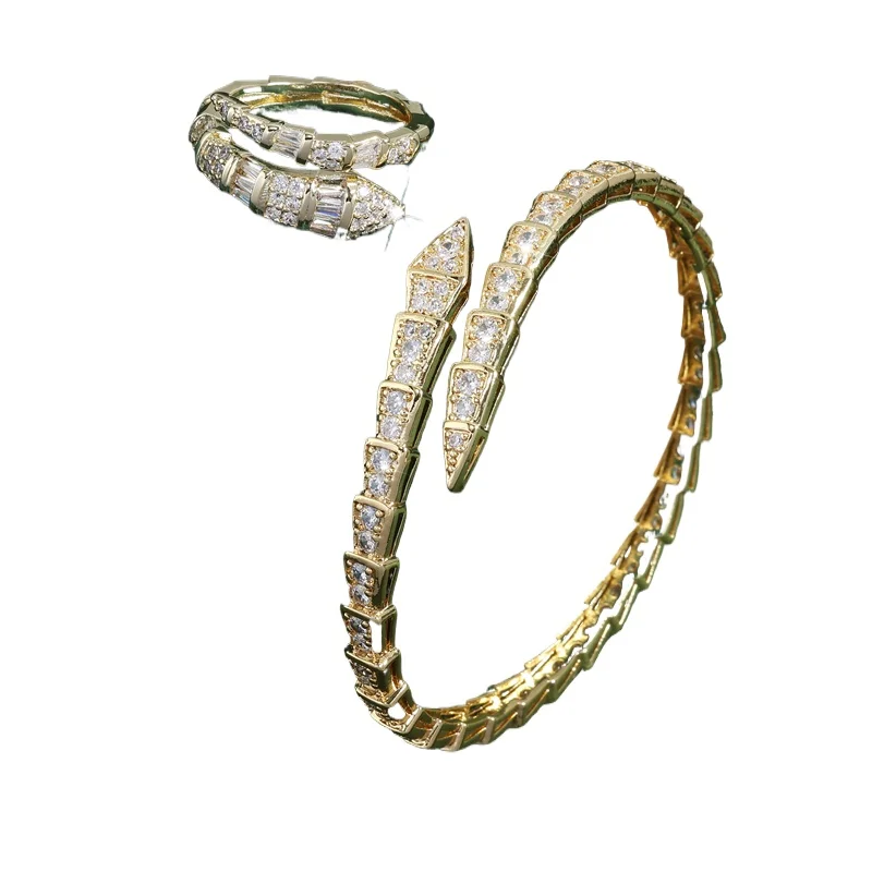

ZAKOL Luxury Shiny AAA Cubic Zirconia Snake Bone Bangles Rings Set for Women Sliver Color Wedding Party Jewelry Set