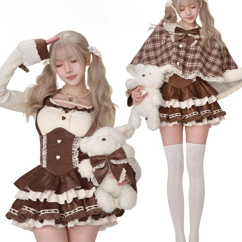 Women Kawaii Plaid Cloak Coat Knitted Top Short Party Dress Vintage Suit Korean Y2k Cape Outfits Sweet Lolita Style 3 Piece Sets