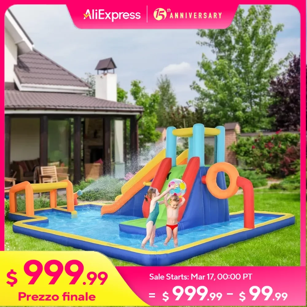 Inflatable Water Slide 6-in-1 with Water Pool, Basketball Hoop, Climbing Walls, 450W Air Blower, Bounce House Water Park