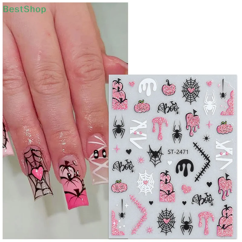 ★★★3D Halloween Theme Nail Stickers(Little Spider Pumpkin Ghost),Fun Glitter Nail Decals DIY Manicure Decor