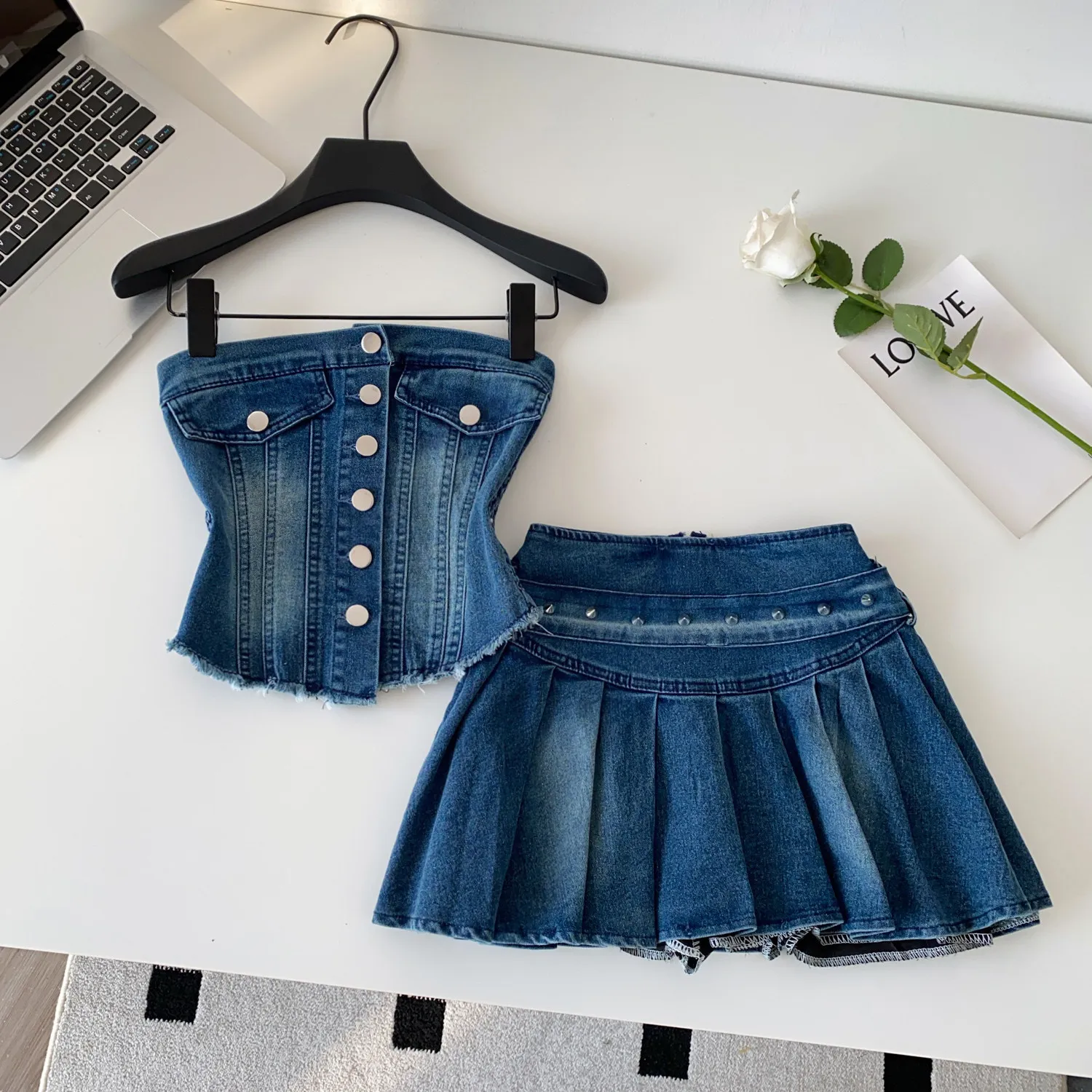 

Two Pieces Women Denim Dress Set Solid Matching Sets Skinny Bodice Mini Lenth Pleated Skirt Slim Fit Elegant Casual 2026 Summer