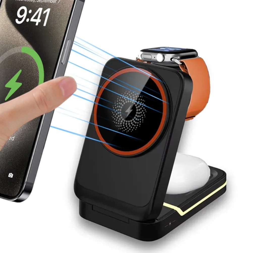 

Магнитная беспроводная зарядная станция 3-в-1, 15 Вт, складная подставка для зарядки телефонов iPhone 17, 16, 15, 14, 13, 12, Apple Watch, Airpods