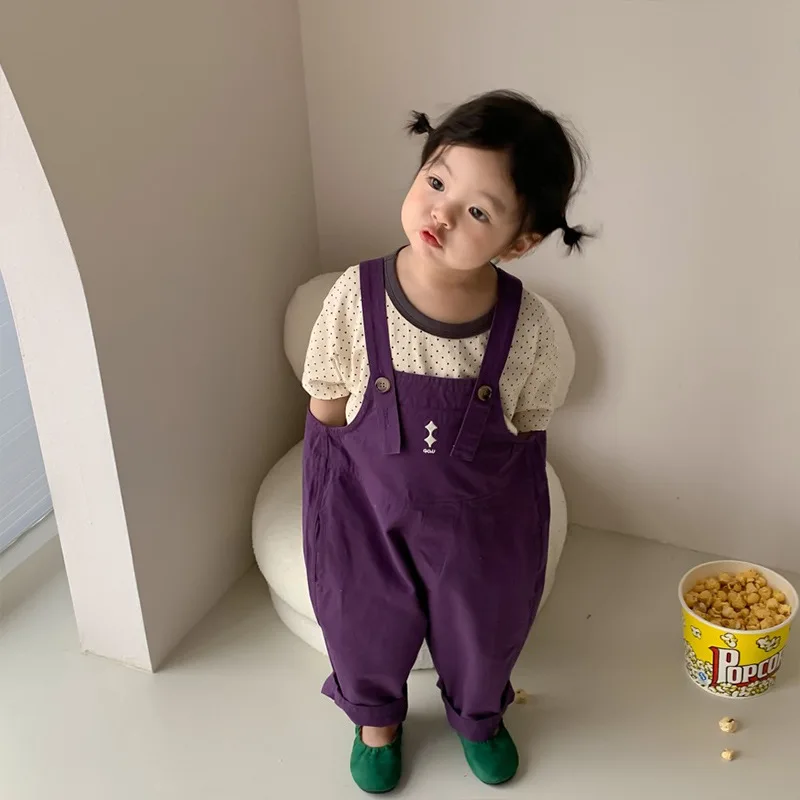 

Children Causal Cotton Suspenders Pants 2023 New Spring Girls Embroidered Loose Cotton Boy Overalls Trousers