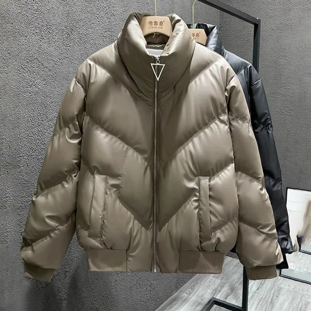 Outono inverno novo engrossado couro do plutônio curto casaco de algodão masculino high street gola pão casaco moda tendência y2k jaqueta masculina