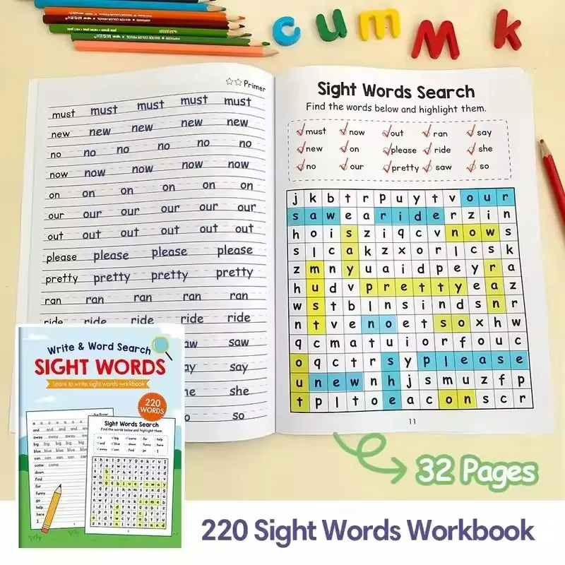 Learning Workbook 220 Sight Words with Answer Key Educational Handwriting Sight Words Search Games for Age 3+ School Supplies