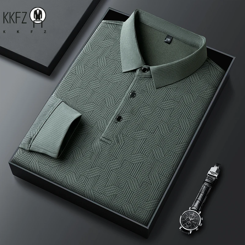 New Men\'s Business Casual Long Sleeved Shirt with Badge Solid Color Polo Shirt Fashionable Breathable Comfortable Versatile Top