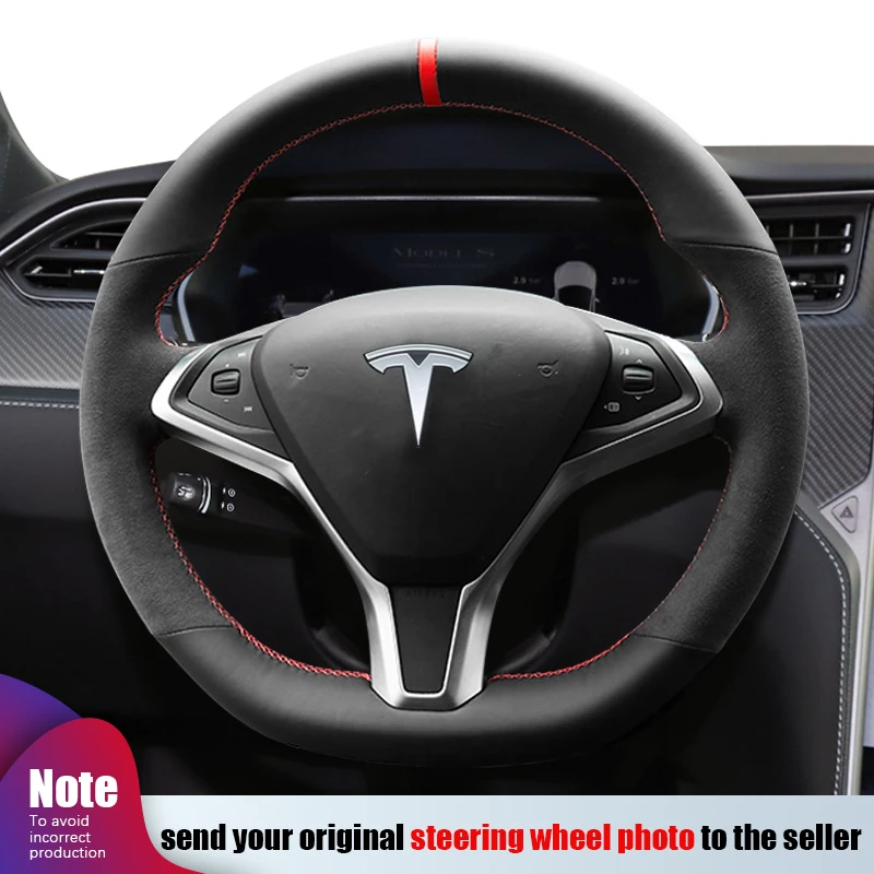 DIY Hand-stitch Real Alcantara Steering Wheel Cover for Tesla Model X Model S 2015-2023 Car Accessorise Interior On Wrap Cover