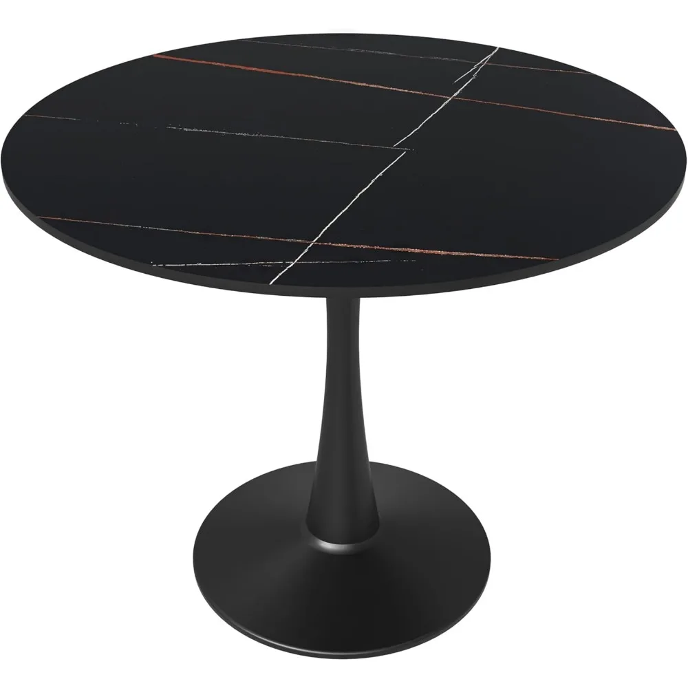 

Круглый обеденный стол 35 дюймов со столешницей из спеченного камня — современная черная подставка на пьедестале, кафе-стол середины века для кухни