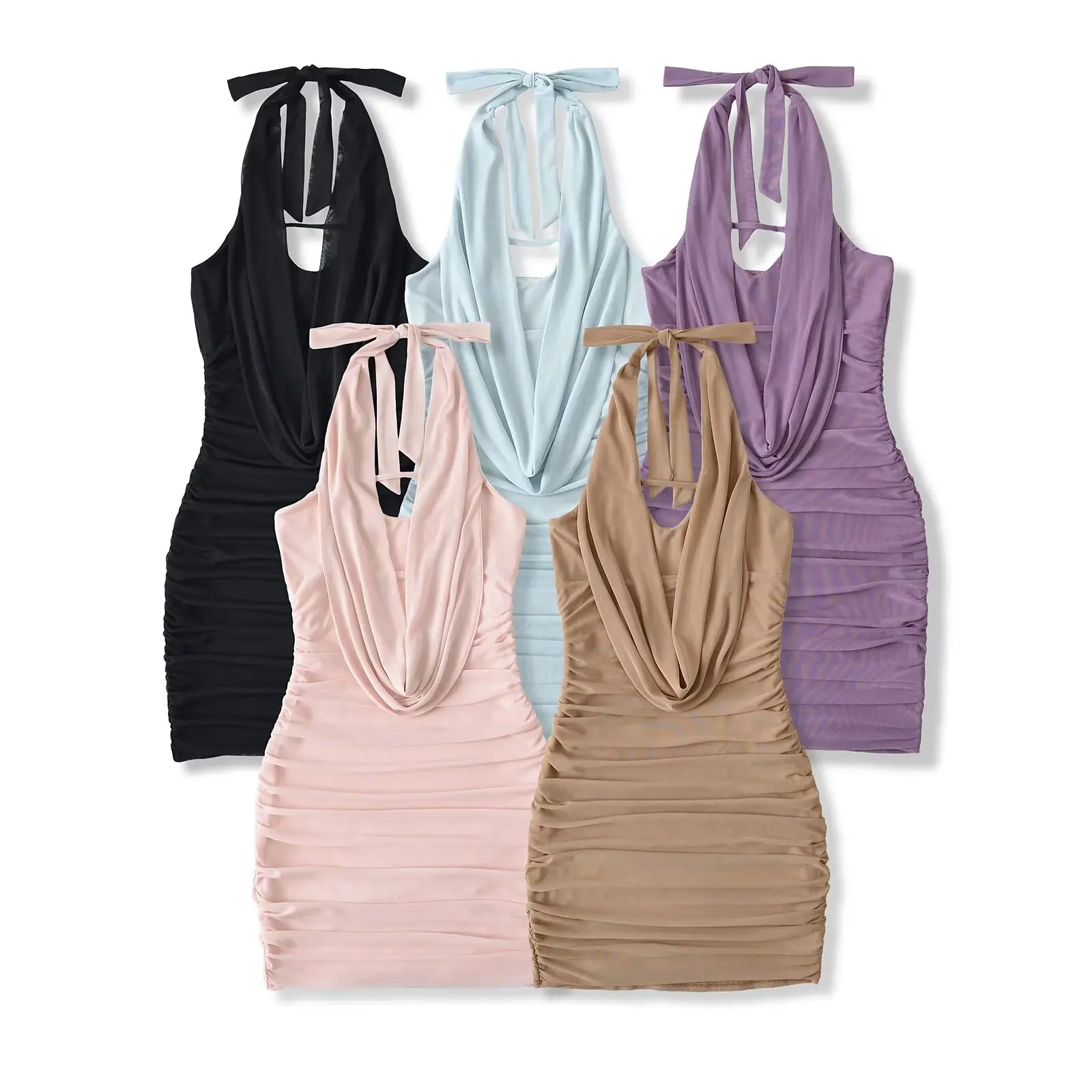 

Sexy Pure Desire Networked Halter Dress Body Shaping Mesh Fabric Vacation Beach Short Skirt Women's Summer Fashion High Waist