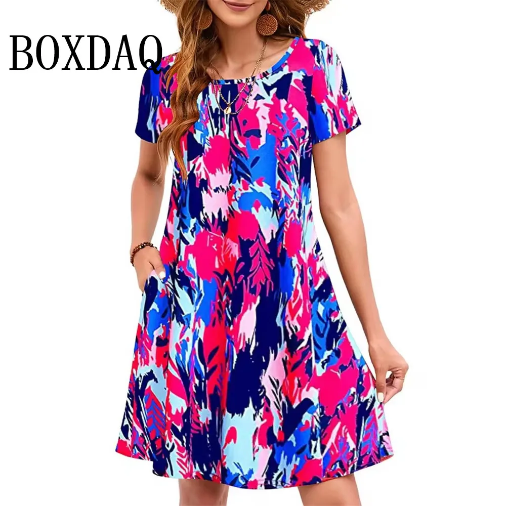 Women Summer Casual Round Neck Dresses Vintage Sundress Short Sleeve Multicolor Tie Dye Splash-Ink Printing Dress Ladies Clothes