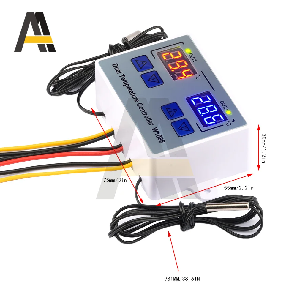 W1088 Dual LED Digital Temperature Sensor Meter Controller Electric Heating Thermostat 12V 24V 220V for Aquarium Incubator