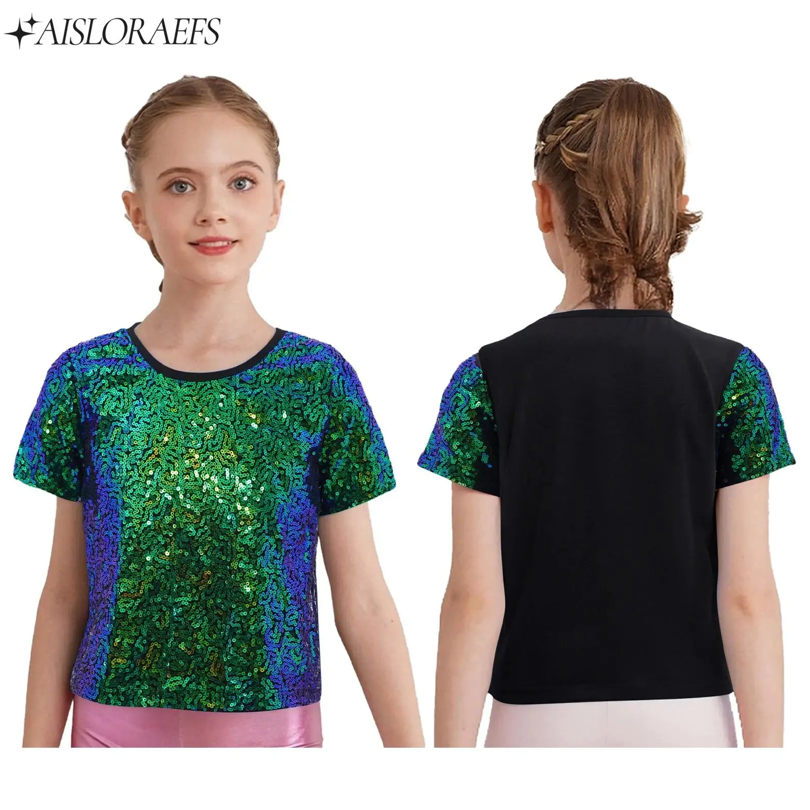 

Kid Girl Cheerleading Uniform Jazz Hip Hop Street Dancewear Short Sleeves Shiny Sequins T-shirt Stage Performance Party Costume