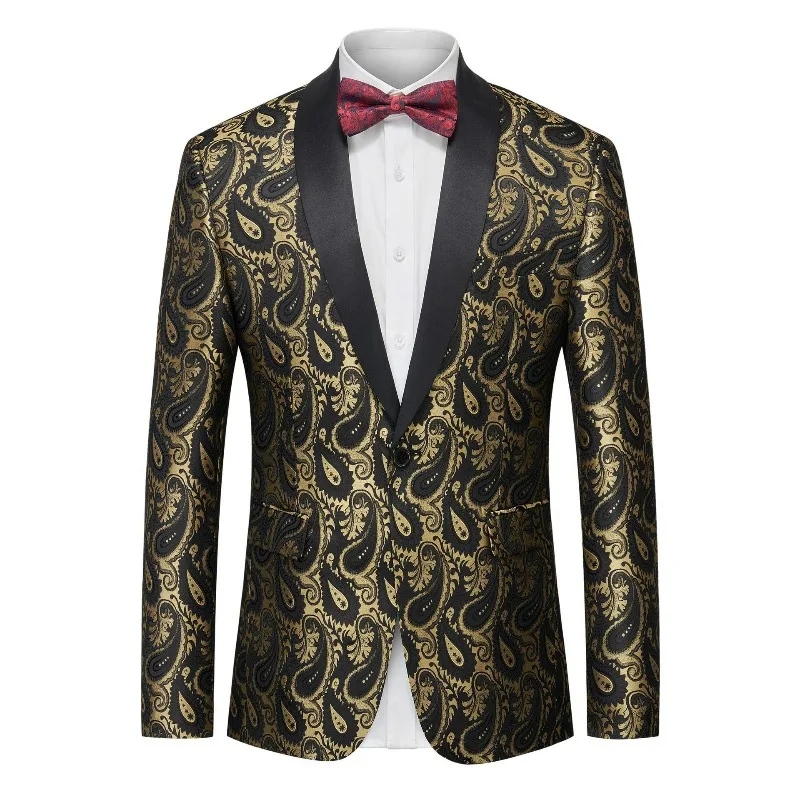 

KIDWHXR Man Blazer Fashion Printed Patchwork Bow Tie Slim Male Suit Coat Turn Down Collar Single-breasted Wedding Men Outerwear