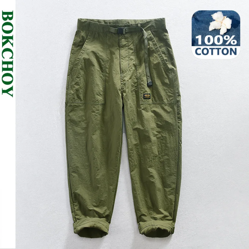 2024 Spring Autumn New Pure Cotton Casual Cargo Trousers for Men Clothing Vintage Washed Loose Streetwear Mend Pants AZ625