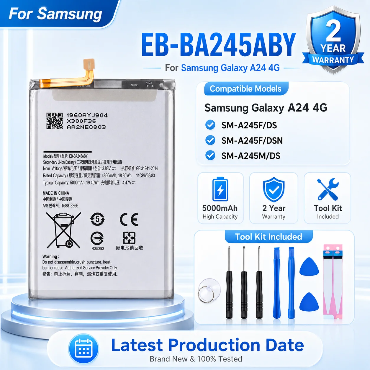 

5000mAh EB-BA245ABY Battery for Samsung Galaxy A24 4G Li-ion Replacement Mobile Phone Battery Repair Parts