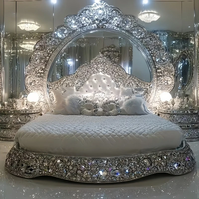 European Crystal Bed Italian Art Furniture French Luxury Solid Wood Inlaid Diamond Shining Master Bedroom Silver Princess Bed