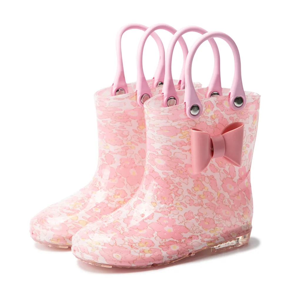 Fashion Handle Rain Boots Kids Bowtie Pink Girls Shoes Waterproof PVC Rainboots Baby New Girls Boots For Kids botte de pluie