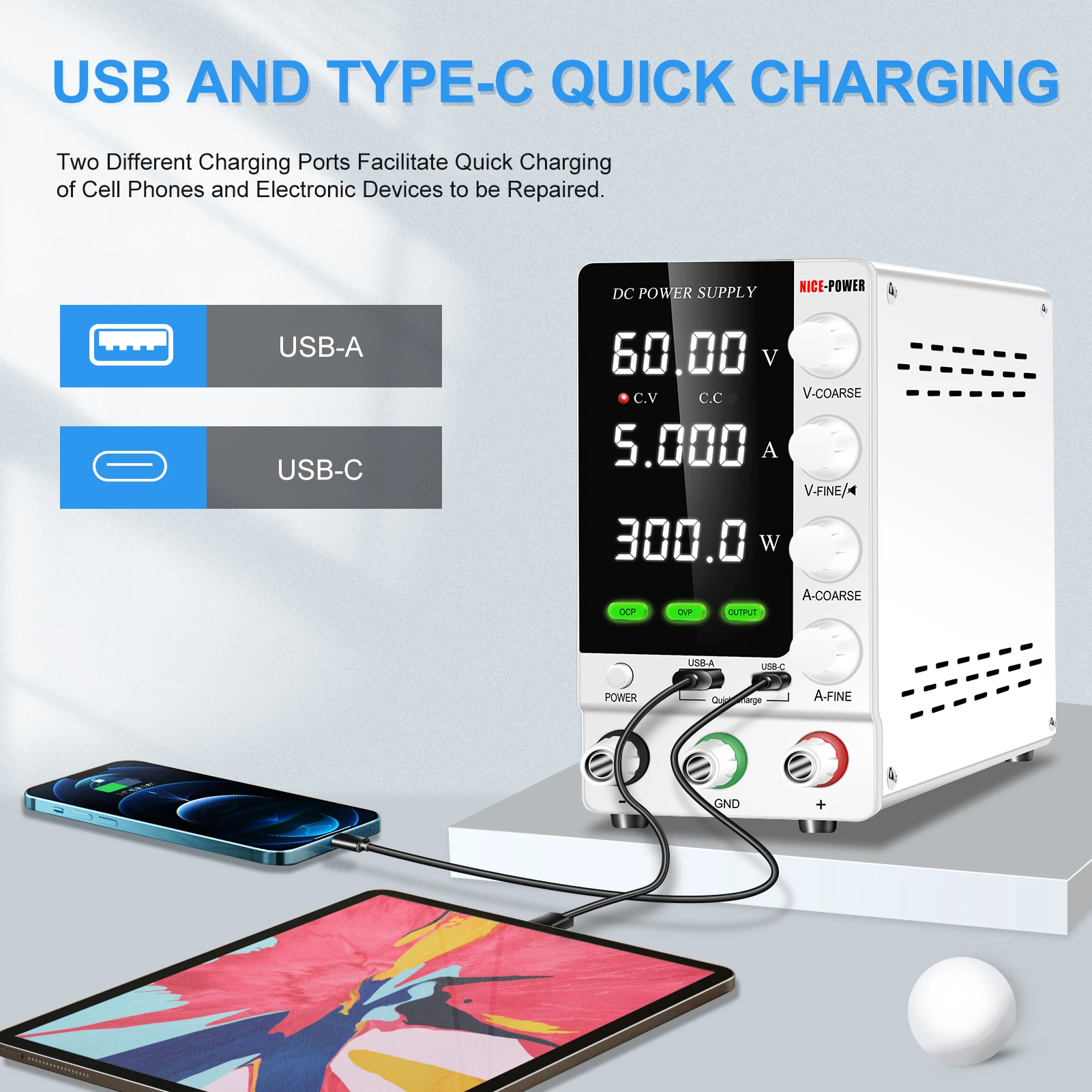 KUAIQU SPPS-C1203S Bench DC Power Supply 120V 3A 360W with Short Killer Output Protection for 48V 72V Universal Battery Charge