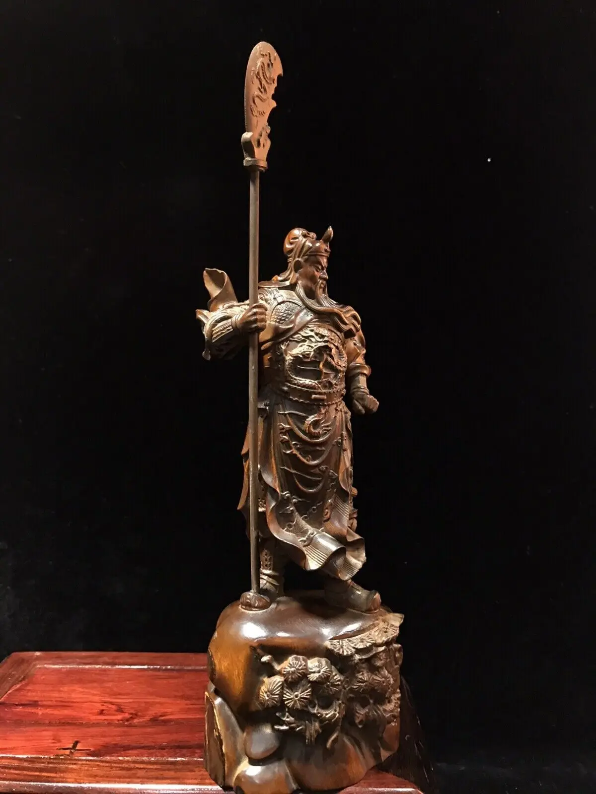 Chinese Antique Vintage Wood Carved Boxwood Guan Yu Figure Statue Sculpture Art