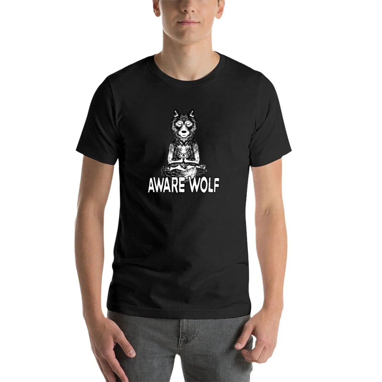 Aware-Camiseta de hombre lobo meditando, ropa estética con estampado de animales, moda coreana vintage