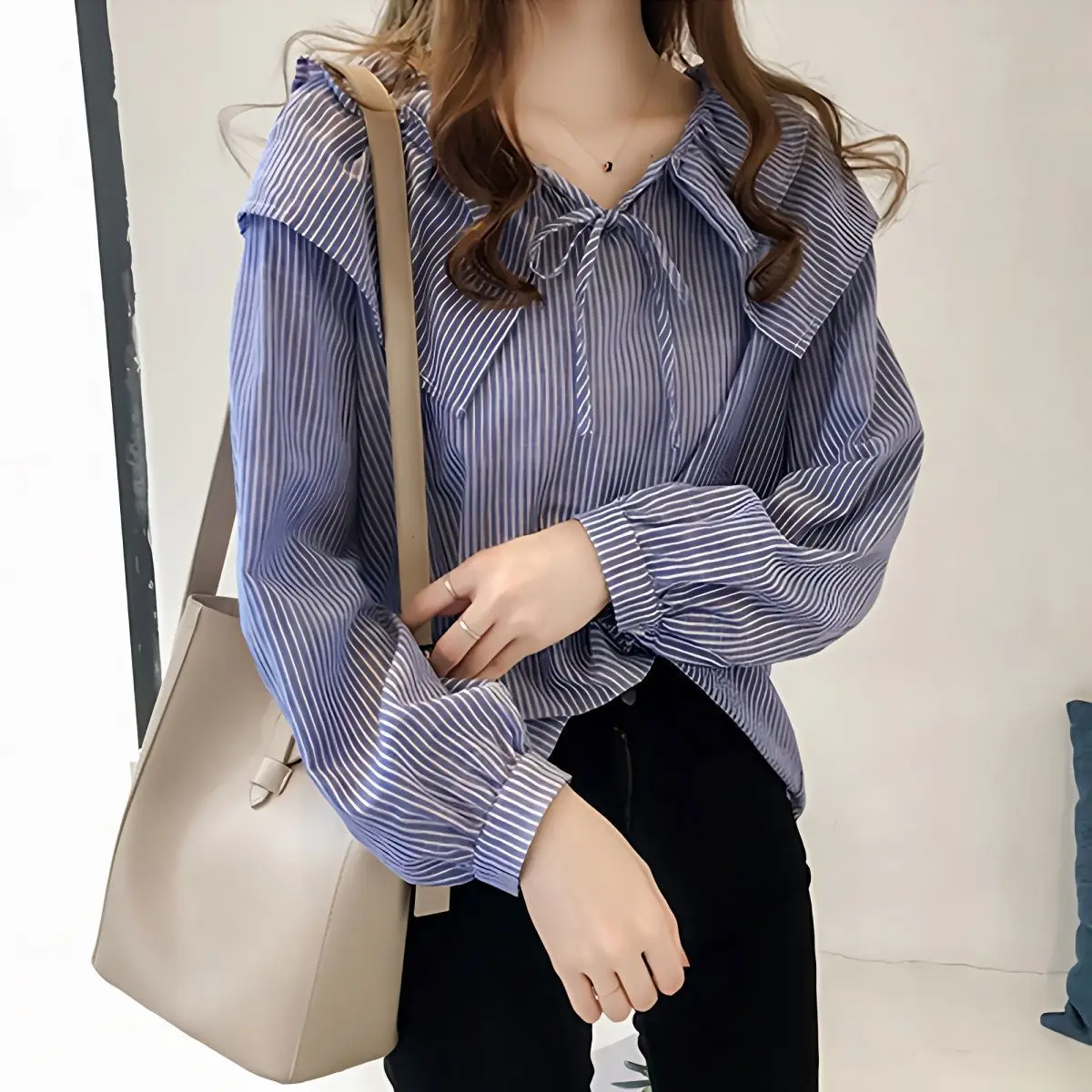 Women Korean Style Peter Pan Collar Striped Long Sleeve Blouse Loose Fit Chic Casual Shirt Fashion Tops