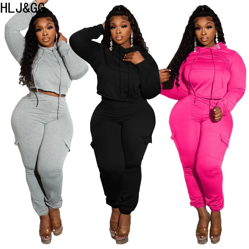 

HLJ&GG Autumn Winter Casual Hooded Jogger Pants Two Piece Sets Women Long Sleeve Crop Top + Pants Tracksuits Female 2pcs Outfits