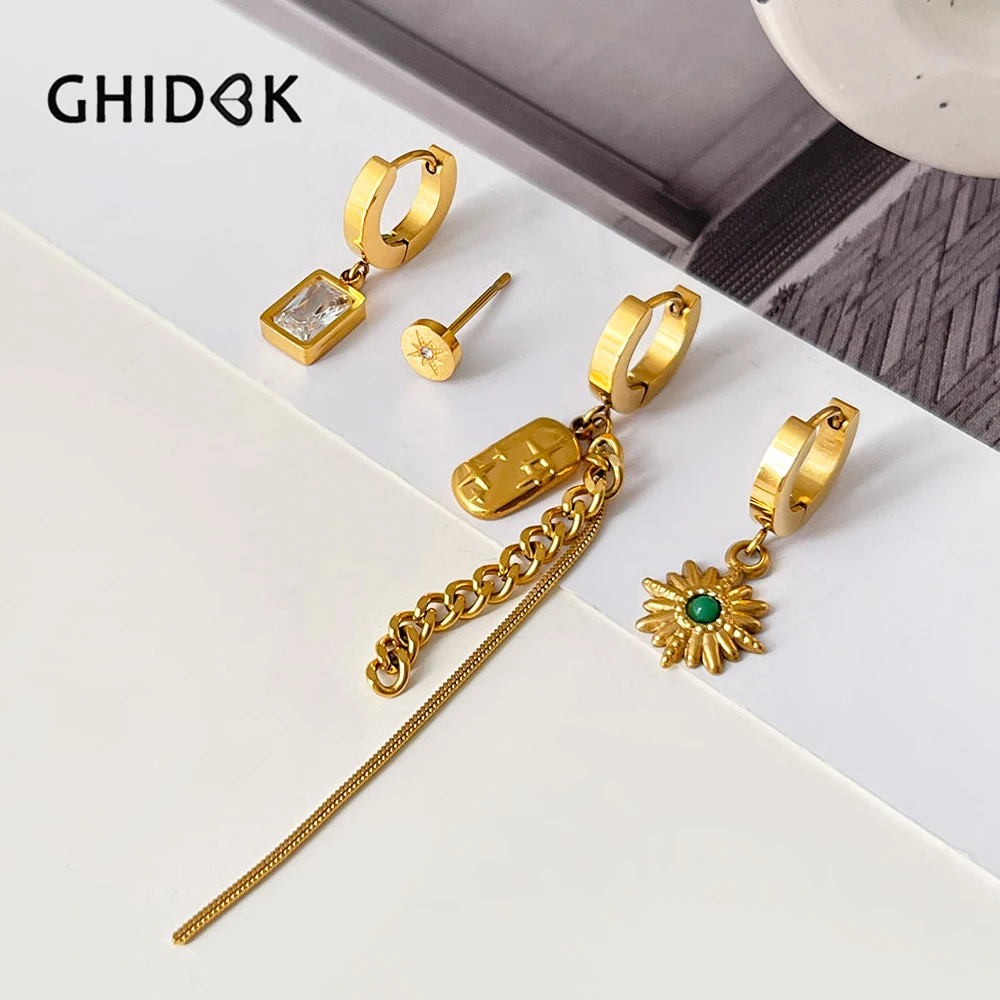 GHIDBK 4Pcs Exquisite Starburst Baguette Cz Pendant Hoop Earrings Set Stainless Steel Golden Long Chain Huggie Hoops Women