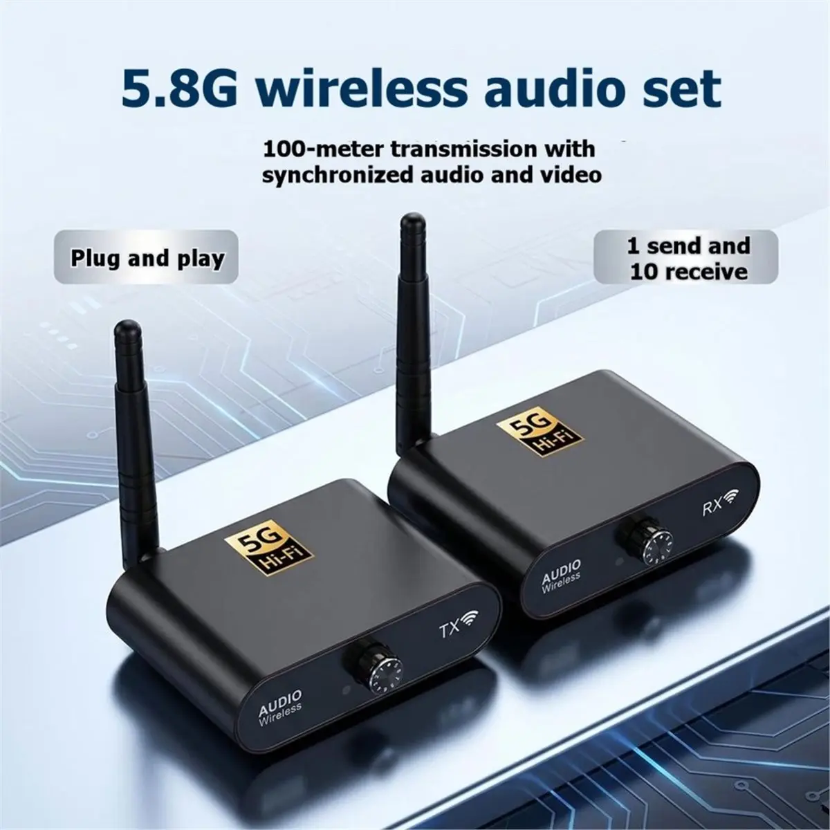 AU5810 5.8G Wireless Audio Transmitter Receiver Kit 100M Range 1 Transmitter to 10 Receivers Audio Sync Plug Play