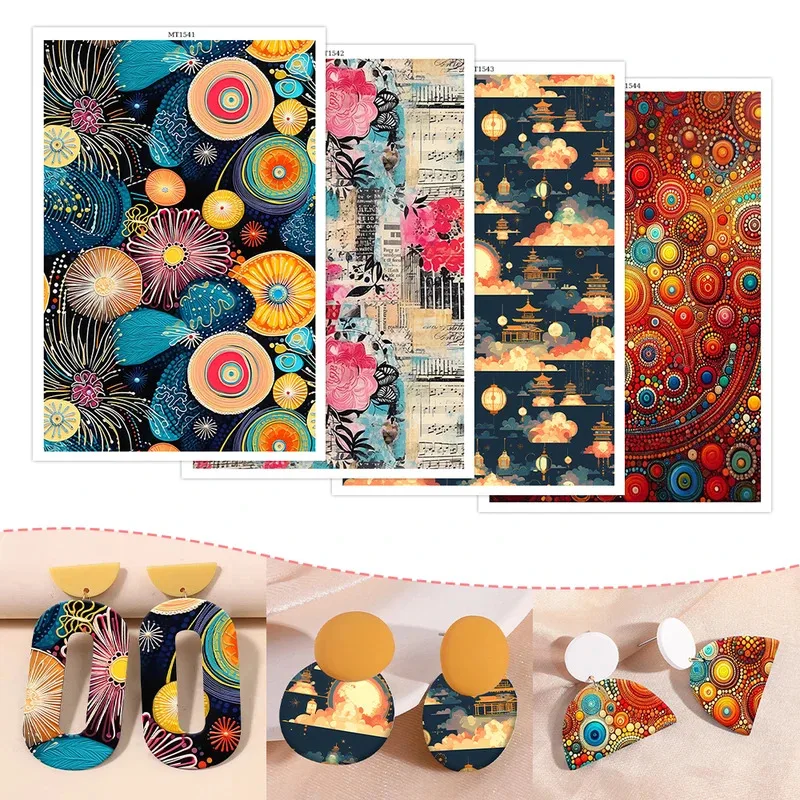 Firework Flower Temple Night Scene Pattern Polymer Clay Transfer Paper Soluble Disposable Stickers for DIY Earring Jewelry Craft