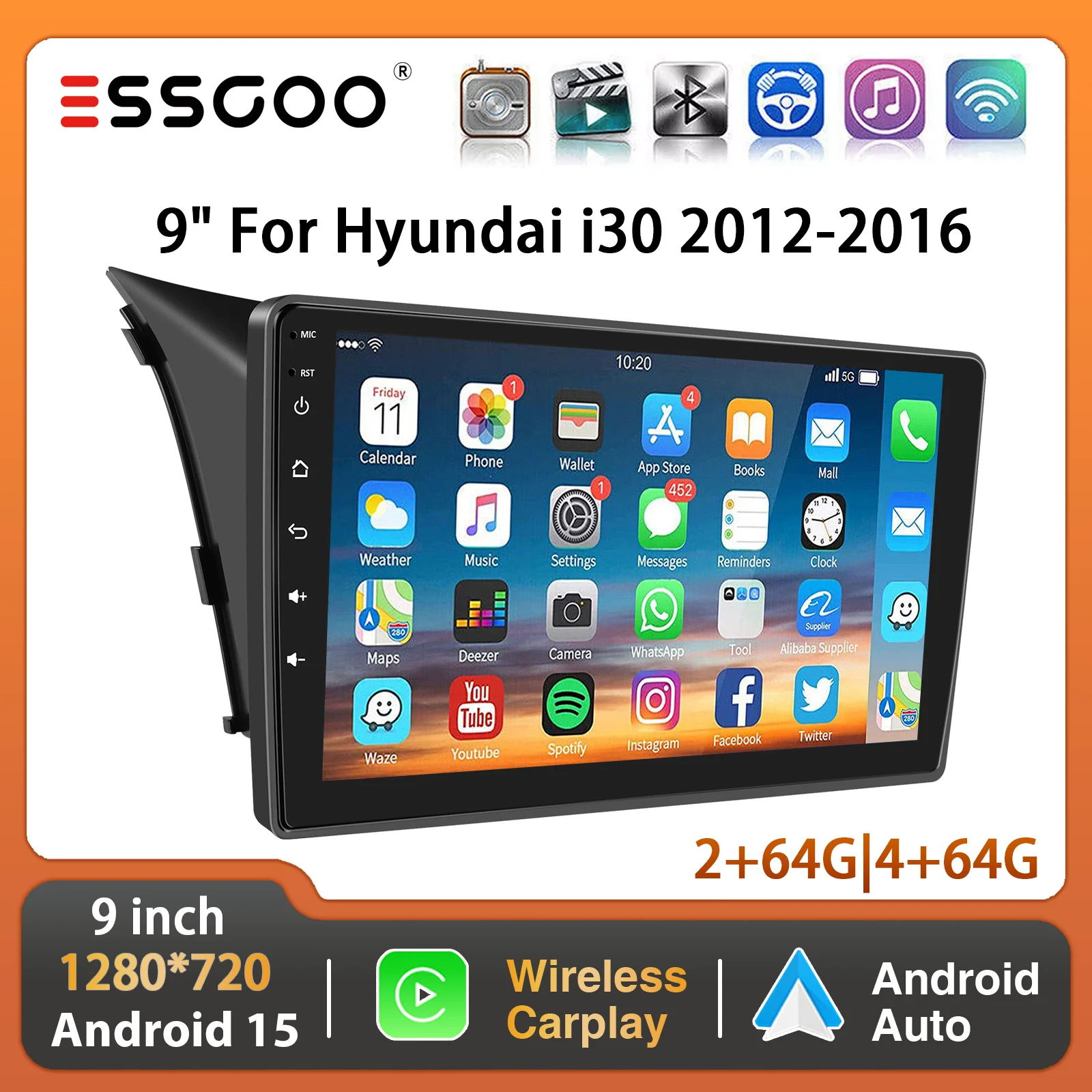 ESSGOO 9-Zoll Android 15 2+32G/4+64G für Hyundai i30 2012-2016 Kabelloses Carplay Autoradio GPS NAVI WIFI SWC RDS USB Bluetooth