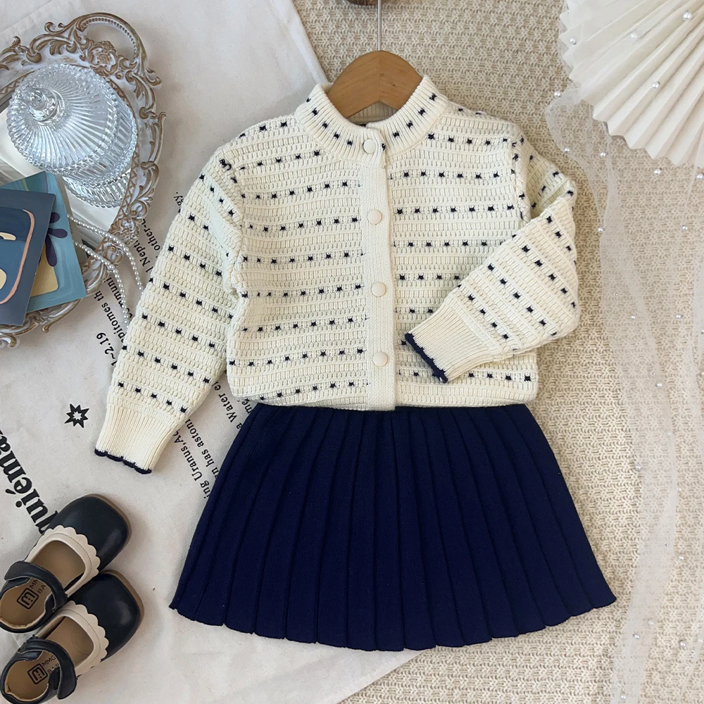 2026 Autumn and Winter Korean Version Color Blocked Girls' Clothes Knitted Sweater Cardigan+Short Skirt Kids' Sets and Outfits