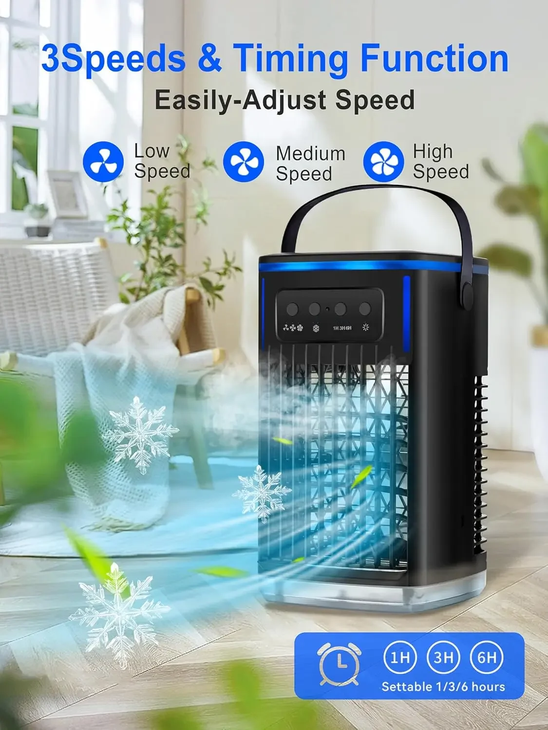 Mini aire acondicionado evaporativo Personal de 3 velocidades con tanque de 1500ml, temporizador de 1-6H, Enfriador de aire frío y ventilador