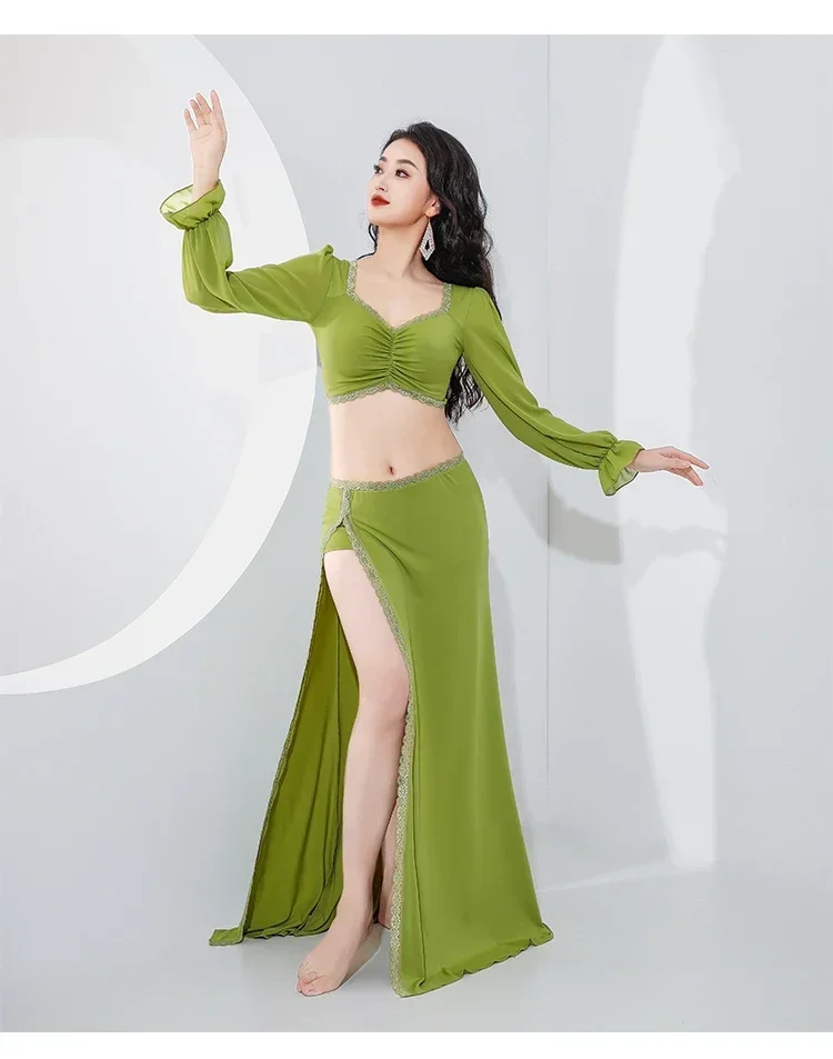 

2023 New Belly Dance Practice Clothes French Princess Sleeve Lace Dance Costume Practice Suit top+skirt 2pcs set