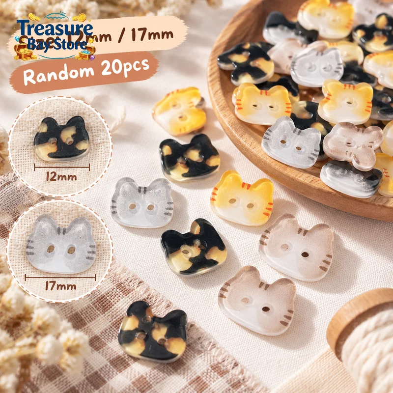 20Pcs Cute Cartoon Cat Resin Buttons, 12/17mm Two-eye Colourful Cat Buttons For DIY Kids Clothes Hats Socks Craft Decoration
