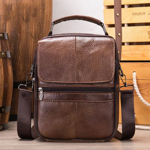 Bolso cruzado vertical de cuero genuino para hombre, bolso de un solo hombro de piel de vaca, bolso informal de negocios y moderno para mensajes de alta calidad