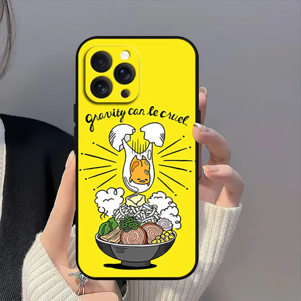 MINISO G-Gudetama Cute Funny Phone Case for iPhone 12 11 14 15 13 16 Max Plus Pro Black Soft Silicone Cover