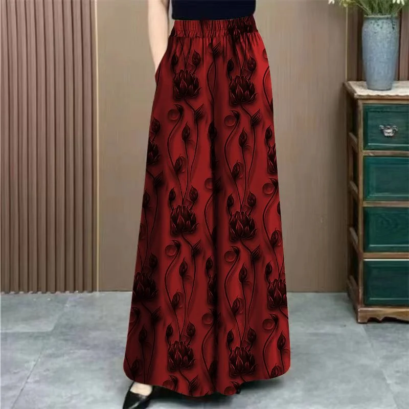 Summer Ladies Floral Wide Leg Pantalons Korean Women Large Size 6XL Casual Trousers Spring Femme High Waist Ice Silk Pants Skirt