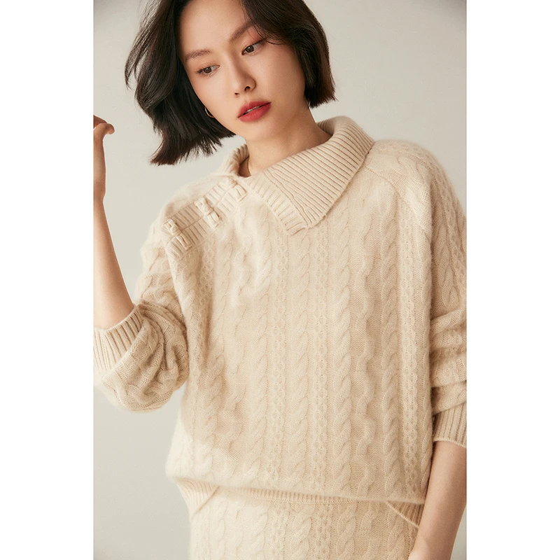 ANGEL Women's 100% Cashmere Sweater Twist Flower Knitting Autumn Winter Female Cashmere Knitwear Chinese Style Buckle Clothing