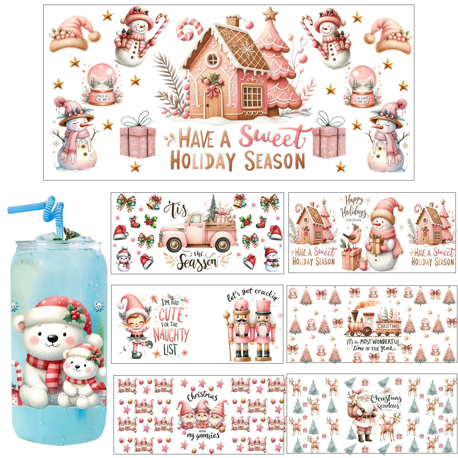 20 Style Christmas Santa Claus easy peel waterproof Party DIY Decals 3D transfers uvdtf tumbler stickers 16oz uv dtf cup wraps