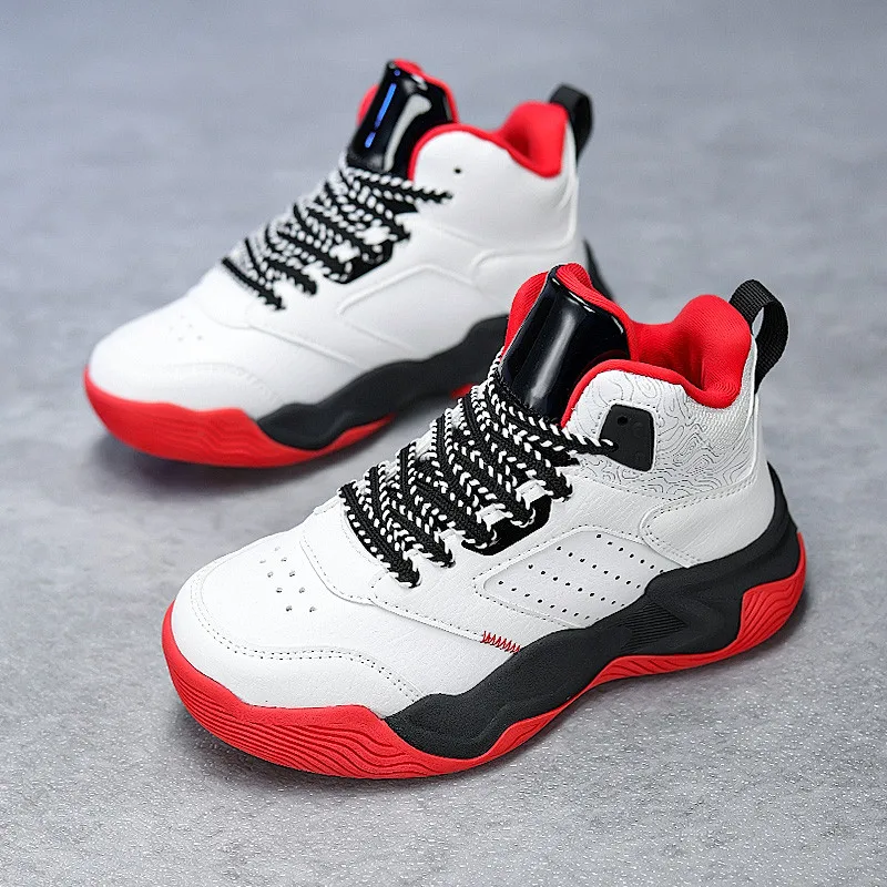 New Design Fashion White Red Children's Basketball Sneakers Breathable High-top Sneakers Kids Platform Sports Shoes Boys Trainer