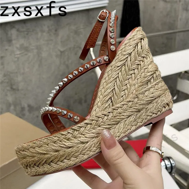 Designer Super Wedges Heel Sandals Women Narrow Strap Rivets Mules Female Hemp Woven Platform Runway Lady Pumps Sandalias Mujer