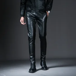 New  Mens Skinny Biker Leather Pants Fashion Faux Leather Motorcycle Trousers For Male Stage Club Wear