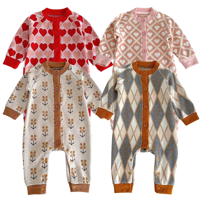 

Autumn Baby Jumpsuit Cute Print Knitting Romper for Boys Girls Vintage Sweater One-Pieces Onesie Newborn Clothes Infant Outfit