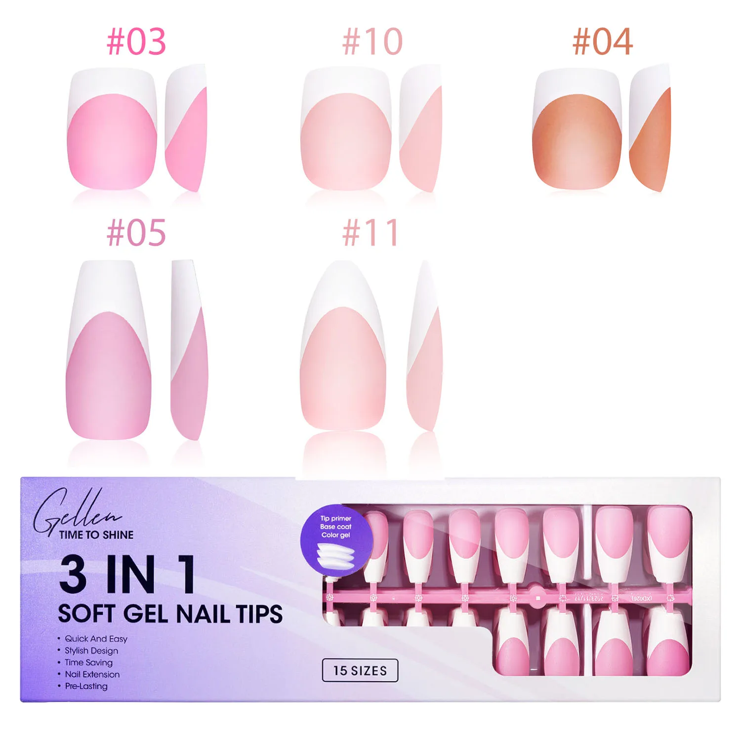 

GELLEN French Square Tip Kit Nails Fake 3 in 1 Soft Gel Press on Nail Tips Pink Brown Long Coffin False Nail 15 Sizes DIY Gifts