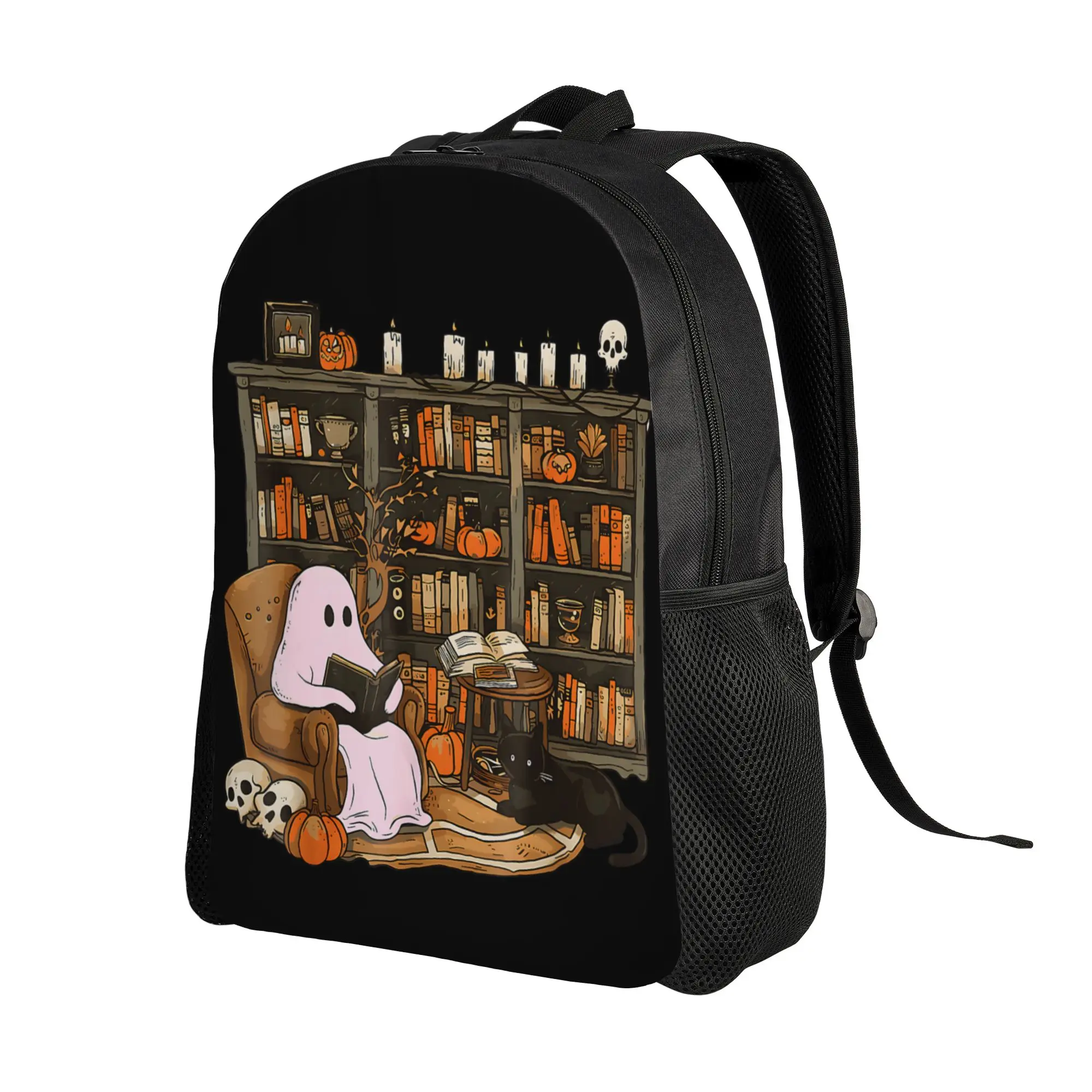 Vintage Ghost Book Reading Backpack Sports High School Work Pumpkin Gothic Halloween Daypack for Men Women Laptop Shoulder Bag